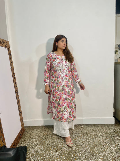 Chikankari Mulmul Straight Kurta - Multi colored printed