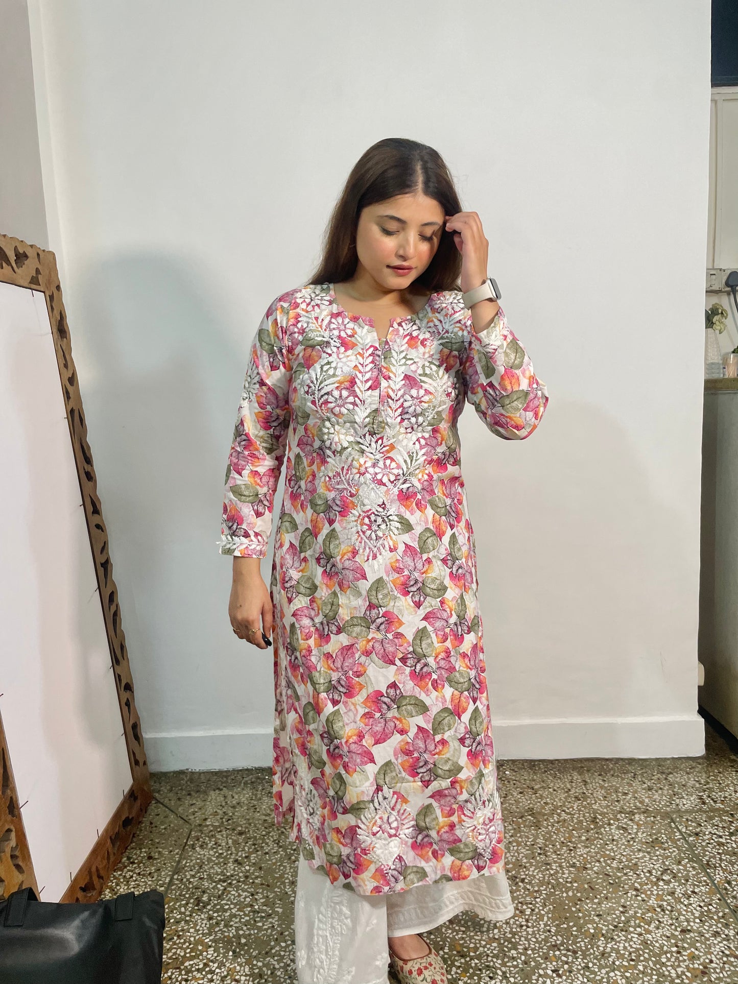 Chikankari Mulmul Straight Kurta - Multi colored printed