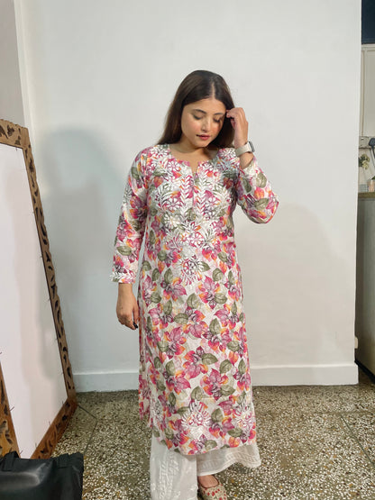 Chikankari Mulmul Straight Kurta - Multi colored printed