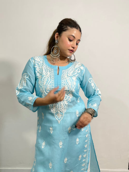 Cotton Aari Solid Women's Long Kurta - Blue