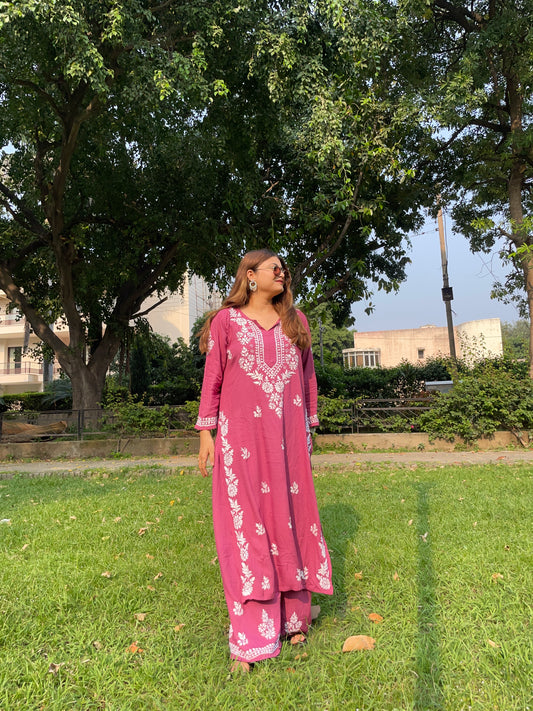 Chikankari Modal Kurta Palazzo Set in Magenta