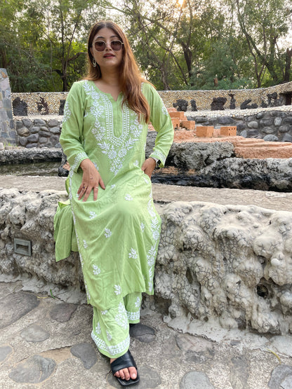 Chikankari Straight Modal Kurta and Palazo set in Green