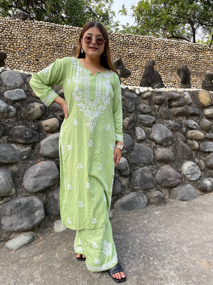 Chikankari Straight Modal Kurta and Palazo set in Green