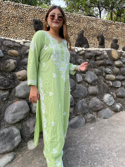 Chikankari Straight Modal Kurta and Palazo set in Green