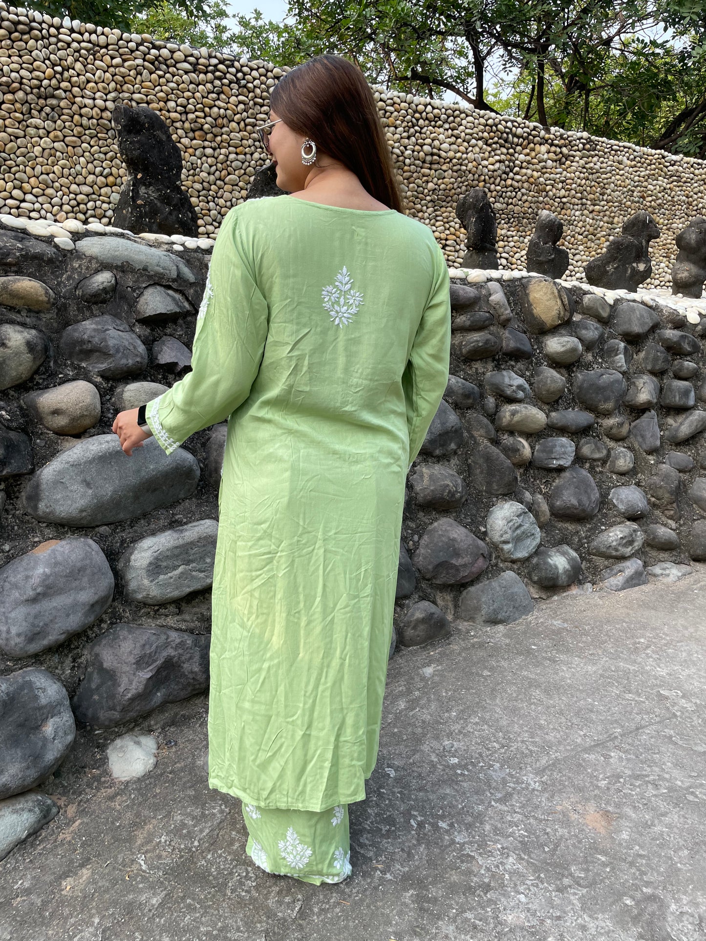 Chikankari Straight Modal Kurta and Palazo set in Green