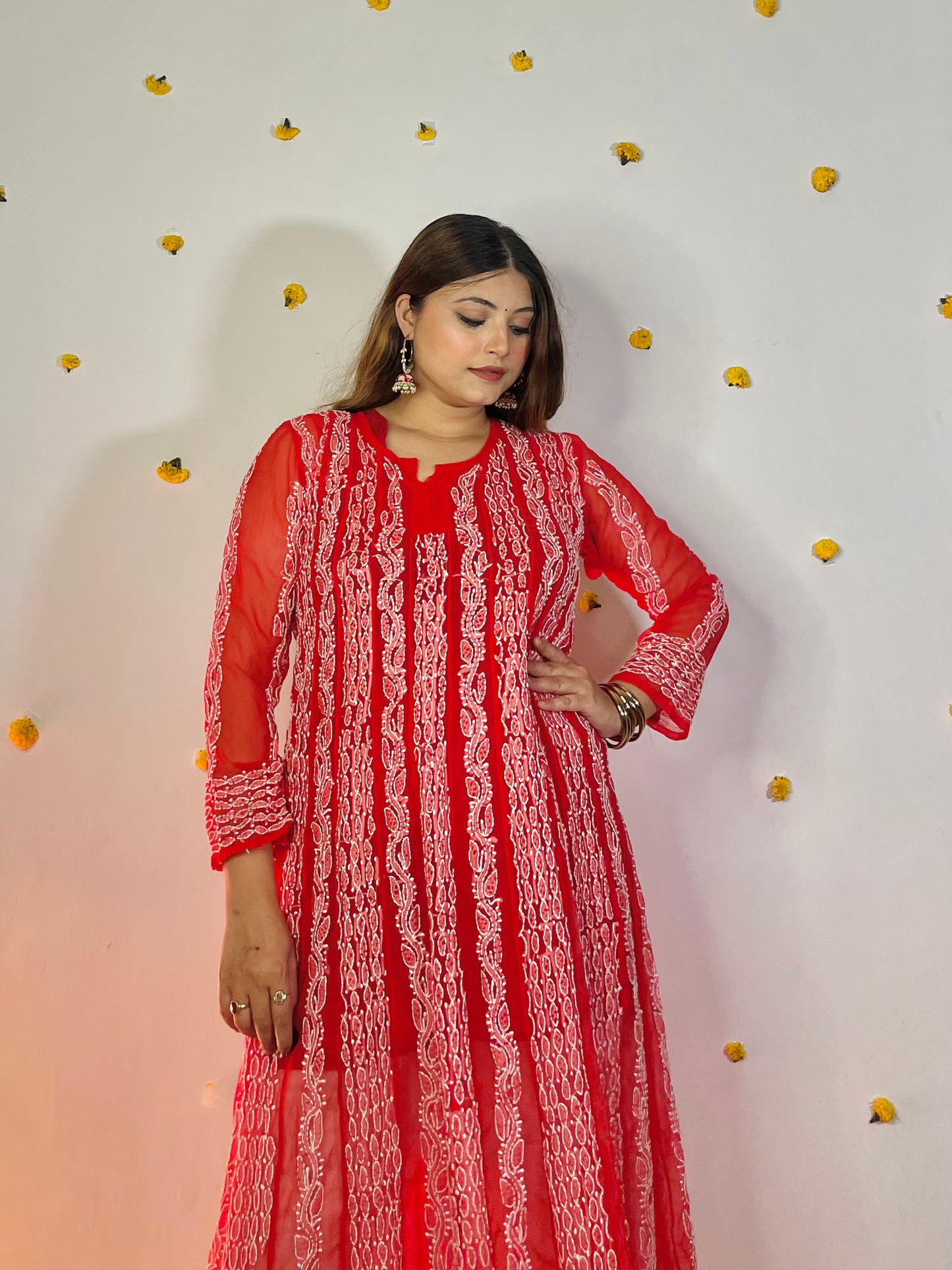 Red Long Georgette Jaal Anarkali